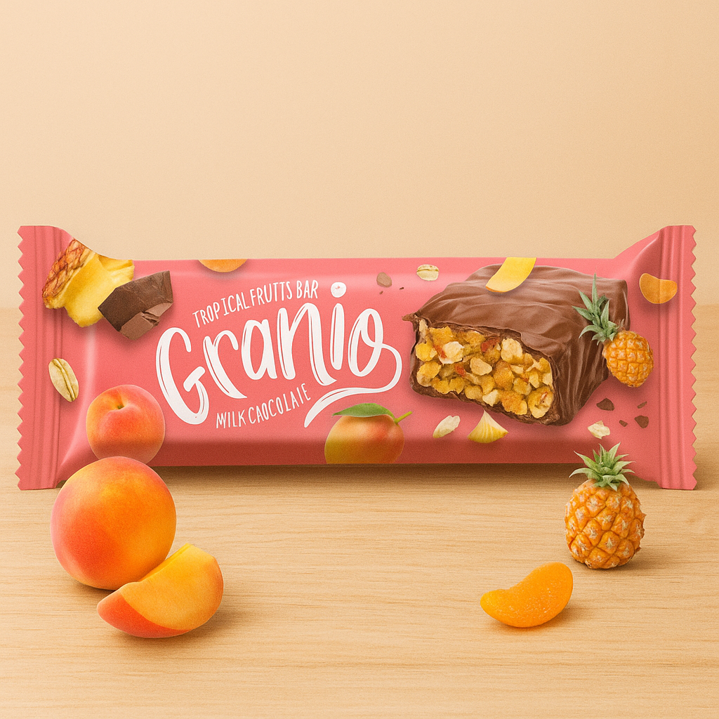 A pink-wrapped Granio tropical fruits snack bar covered in milk chocolate, surrounded by peach and pineapple slices on a wooden background.