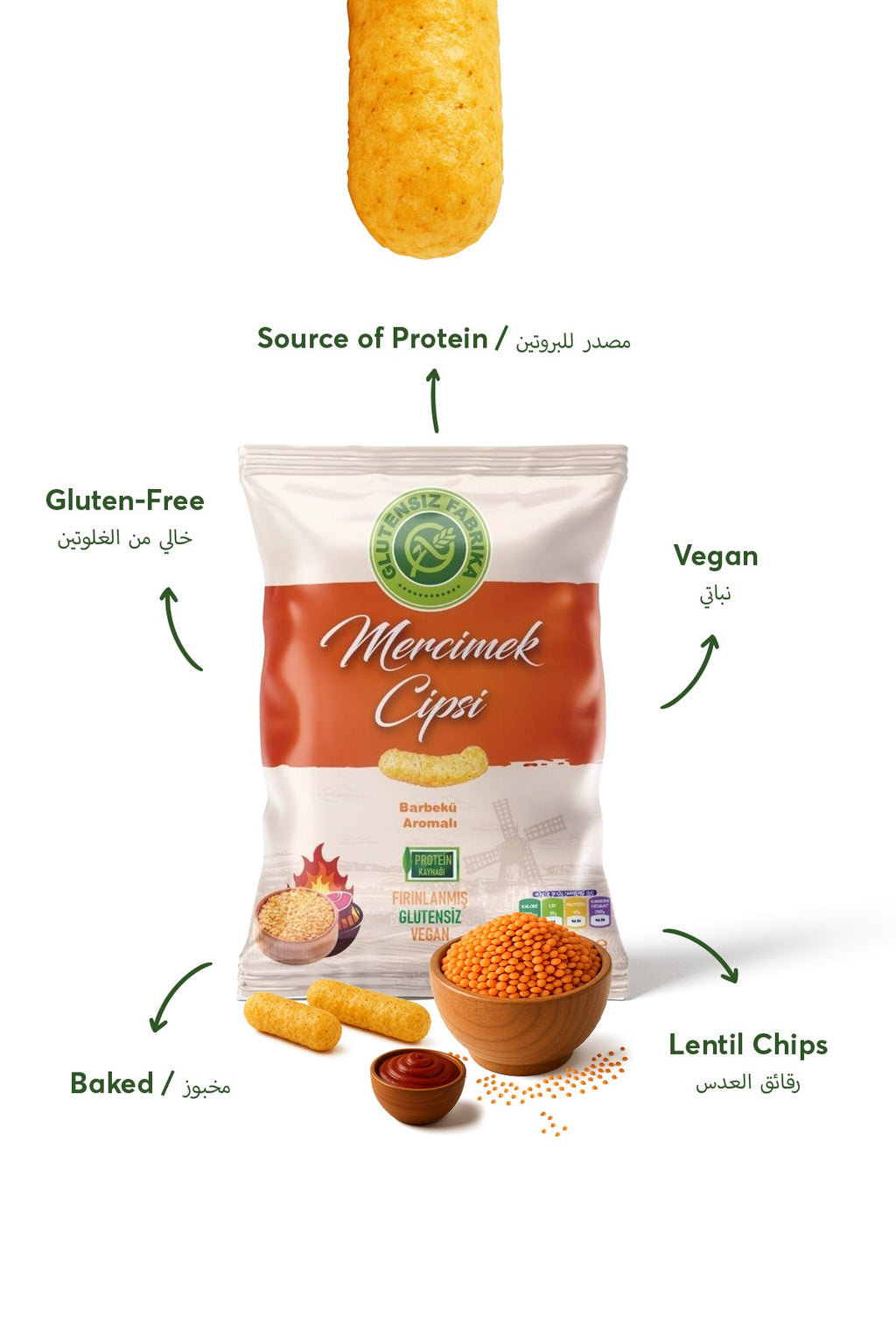 Barbekü aromalı mercimek cipsi – çıtır, isli, glutensiz ve vegan. 60 gr'lık paket.