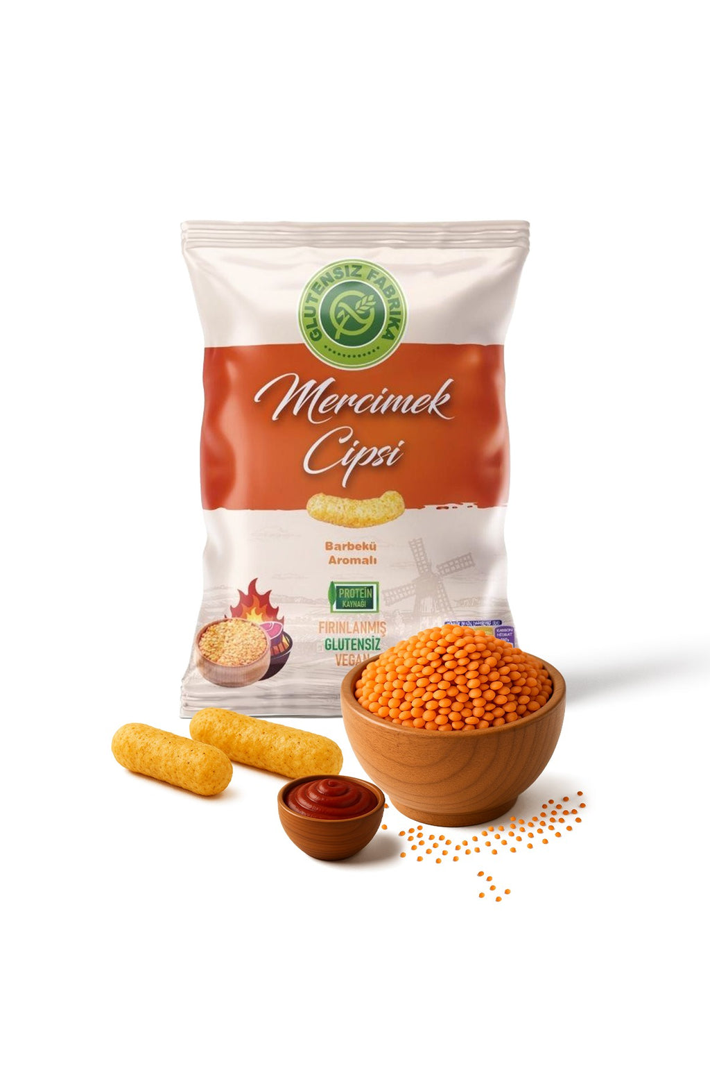 Barbekü aromalı mercimek cipsi – çıtır, isli, glutensiz ve vegan. 60 gr'lık paket.