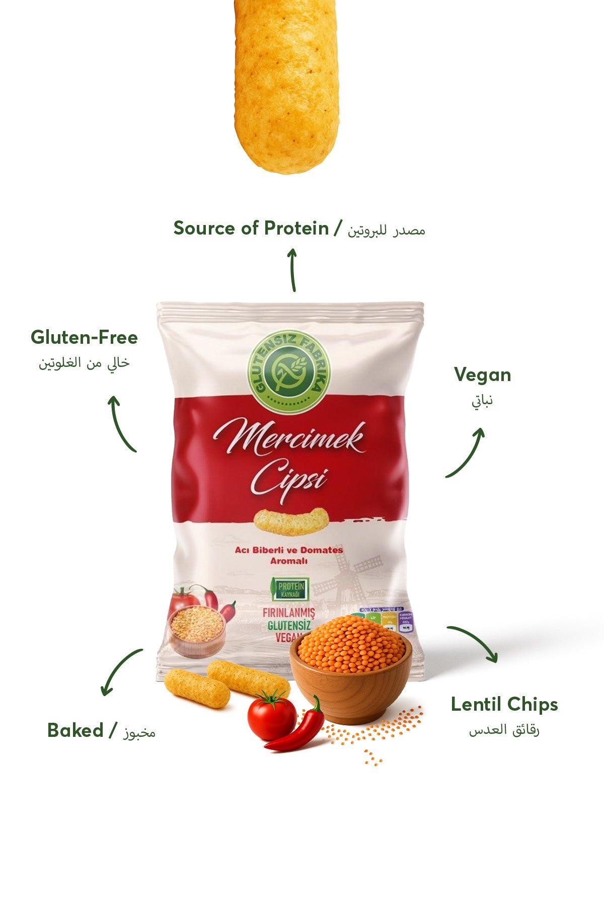 Feurige Linsen-Chips mit Chili- & Tomatengeschmack – knusprig, glutenfrei und vegan. 60 g Packung.