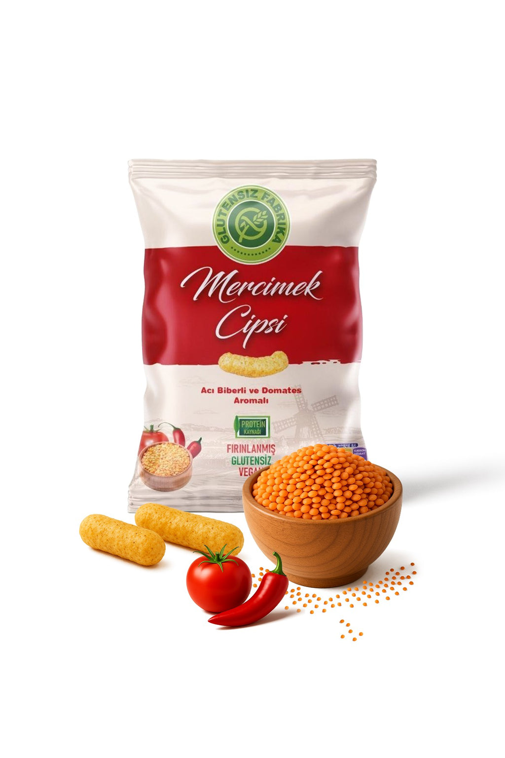 Acılı ve domatesli mercimek cipsleri – çıtır çıtır, glutensiz ve vegan. 60 gr'lık paket.