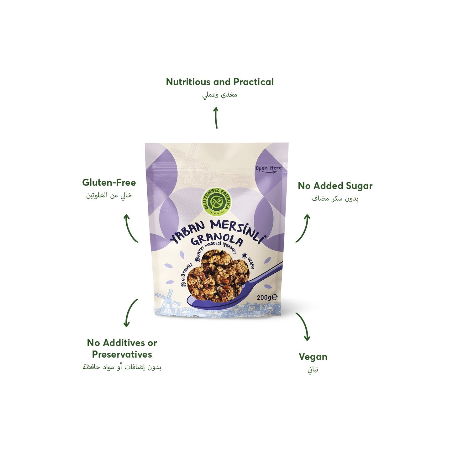 Glutenfreies und veganes Granola mit Hafer, Buchweizen und Blaubeeren – 200 g.