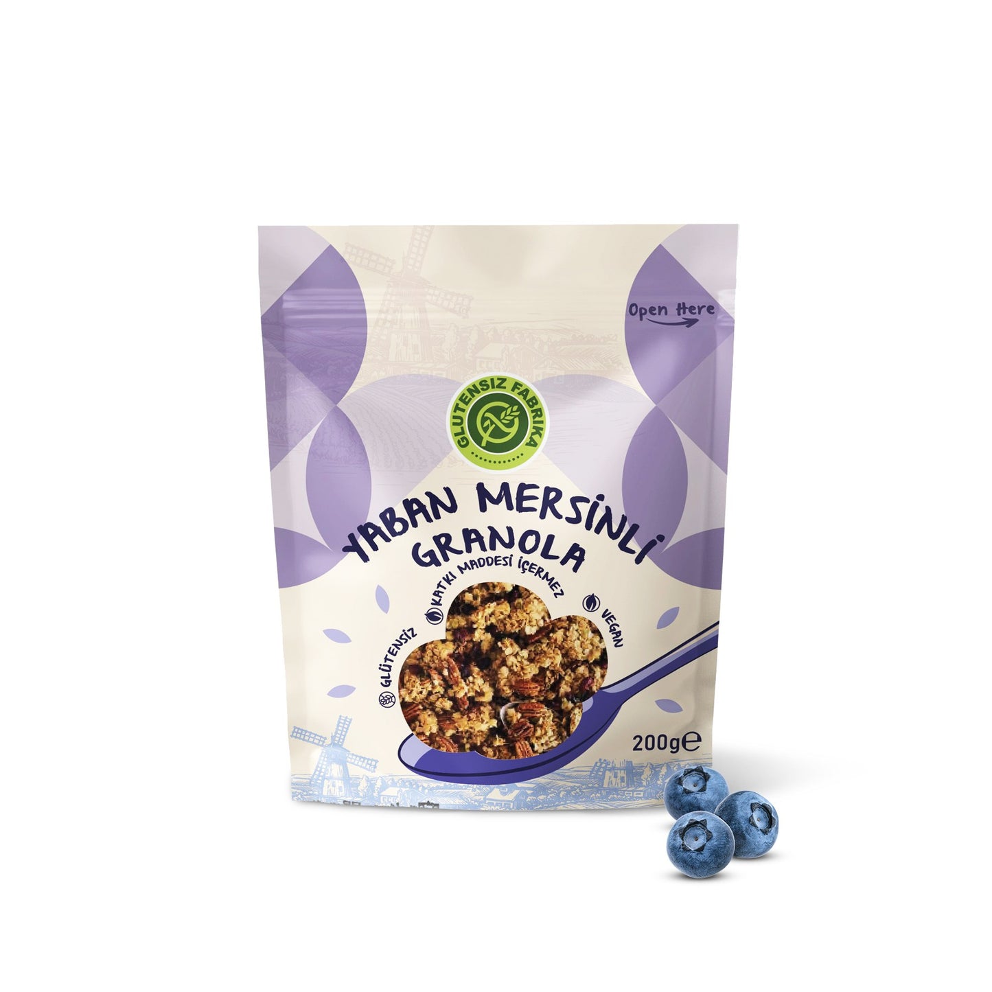 Glutenfreies und veganes Granola mit Hafer, Buchweizen und Blaubeeren – 200 g.