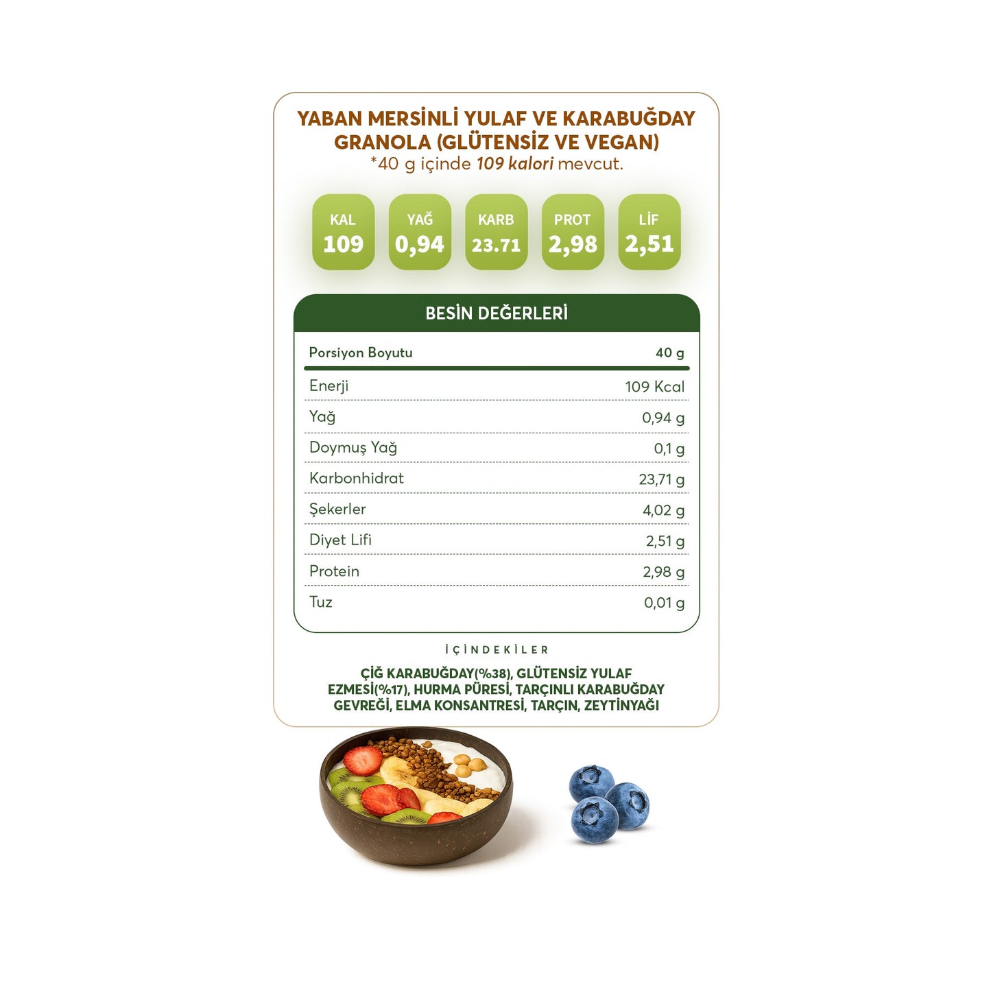 Glutenfreies und veganes Granola mit Hafer, Buchweizen und Blaubeeren – 200 g.
