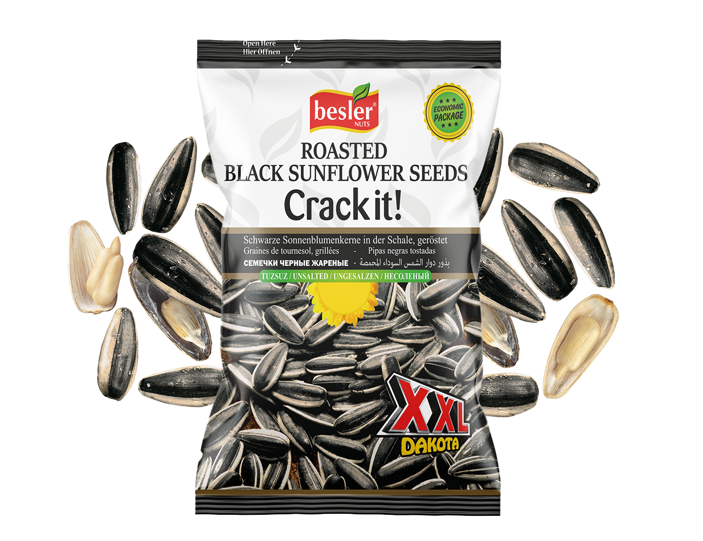 Besler Premium Schwarze Sonnenblumenkerne XXL Dakota – Ungesalzen 125 g (Eco-Pack)