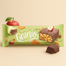 A green-wrapped Granio Apple Pie flavored milk chocolate snack bar, featuring sliced apples, cinnamon sticks, and cookie pieces on a light background.