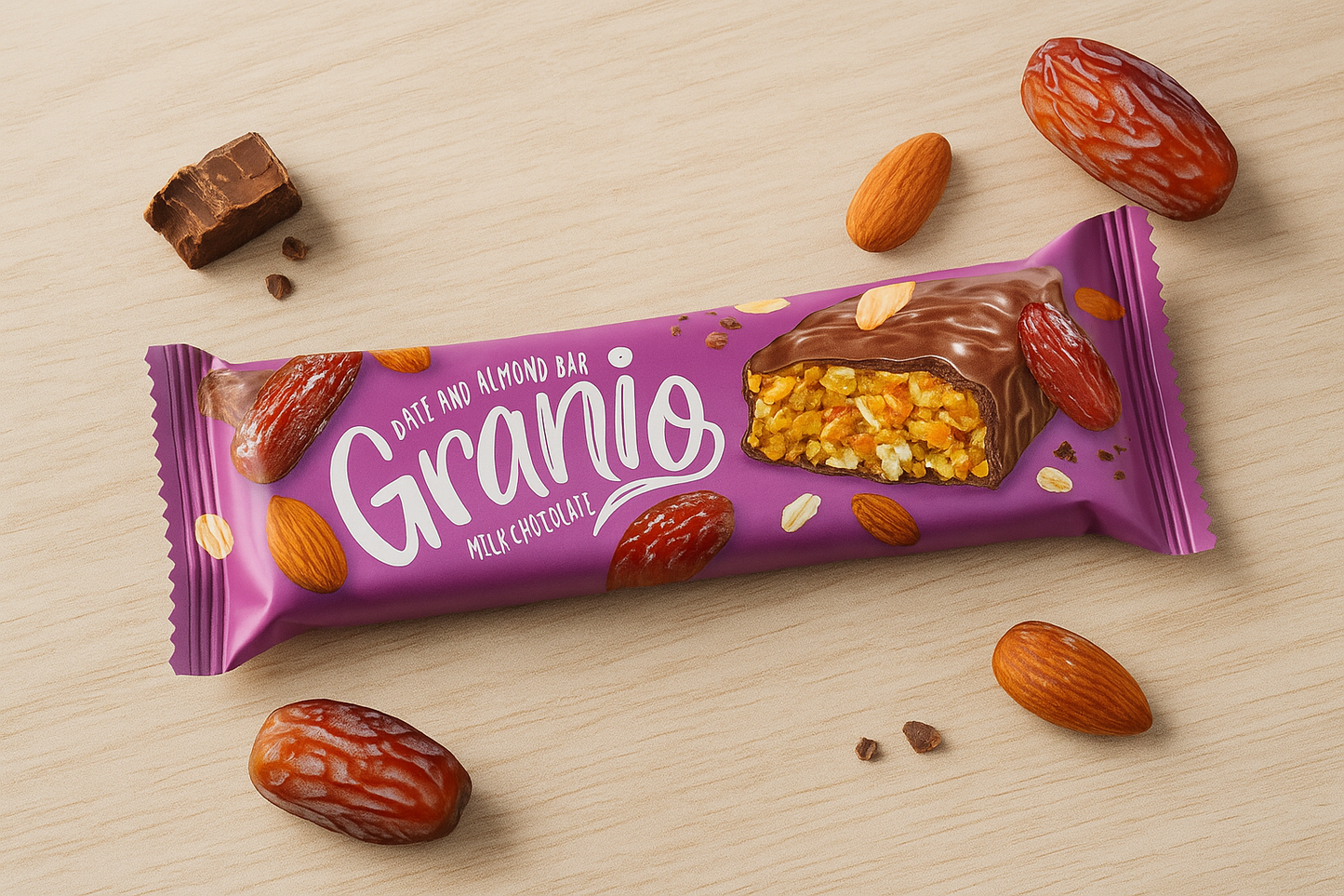 A pink-wrapped Granio date and almond snack bar covered in milk chocolate, surrounded by loose dates and almonds on a wooden background.