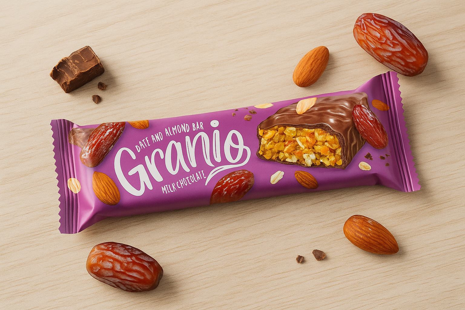 A pink-wrapped Granio date and almond snack bar covered in milk chocolate, surrounded by loose dates and almonds on a wooden background.