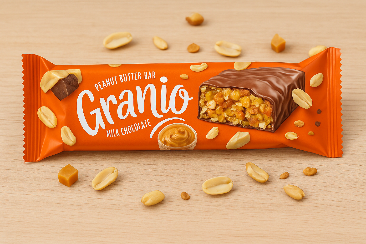 An orange-wrapped Granio peanut butter snack bar covered in milk chocolate, surrounded by peanuts and caramel pieces on a wooden background.