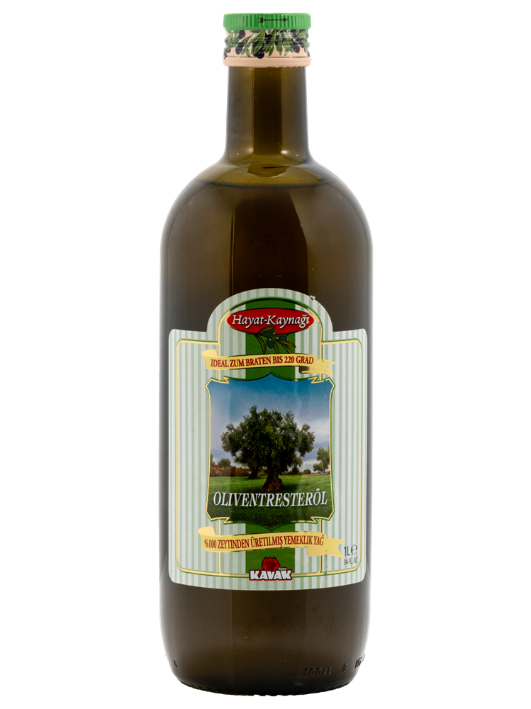 A dark glass bottle of Hayat Kaynağı brand Olivenresteröl (Olive Pomace Oil), featuring an olive tree graphic on a green and white striped label.