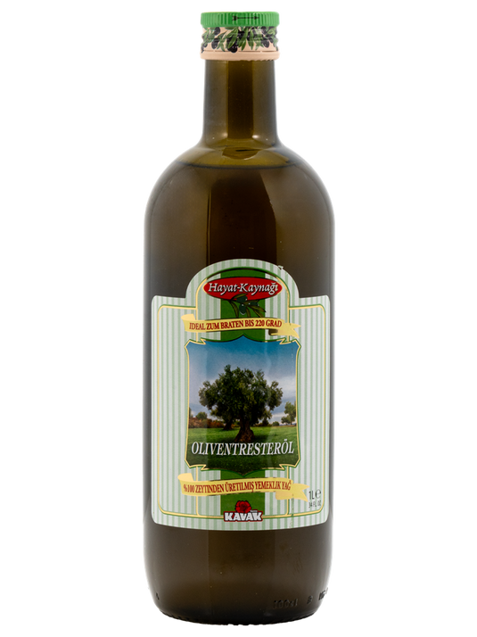 A dark glass bottle of Hayat Kaynağı brand Olivenresteröl (Olive Pomace Oil), featuring an olive tree graphic on a green and white striped label.