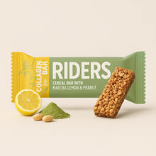 A green and yellow Riders Collagen Cereal Bar with matcha, lemon, and peanut flavor, featuring a lemon half and matcha powder on a light background.
