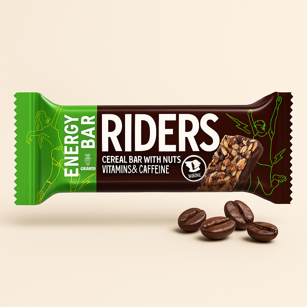 A blue and yellow Riders High Protein Cereal Bar with salted caramel and peanut flavor, advertised with 15g protein and featuring a square of salted caramel.