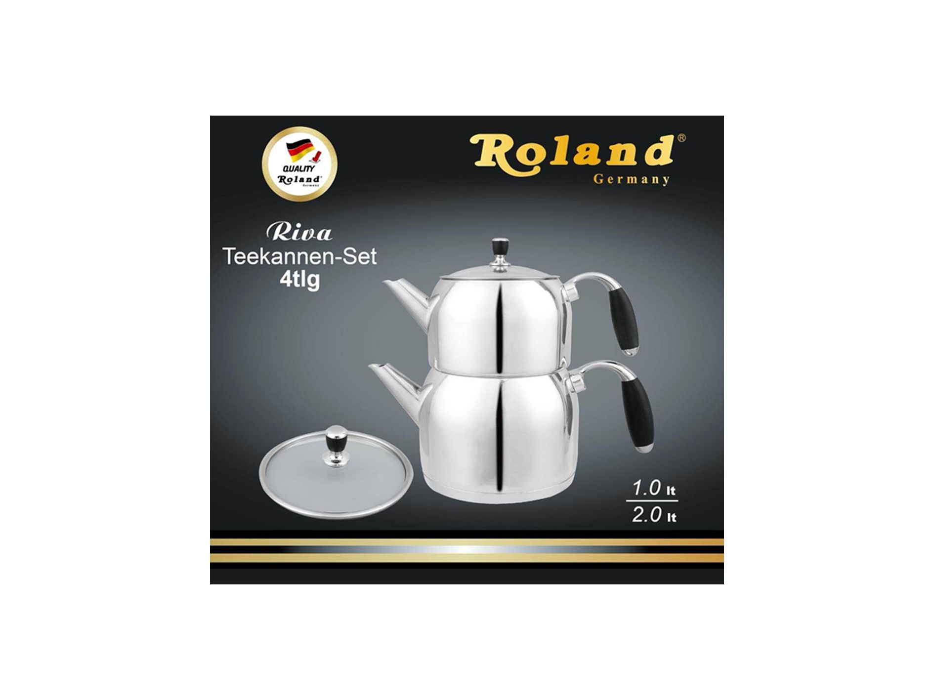 Ein glänzendes Roland Deutschland Riva Edelstahl-Doppel-Teekannen-Set (4-teiliges Teekannen-Set) mit schwarzen Griffen und Glasdeckel.