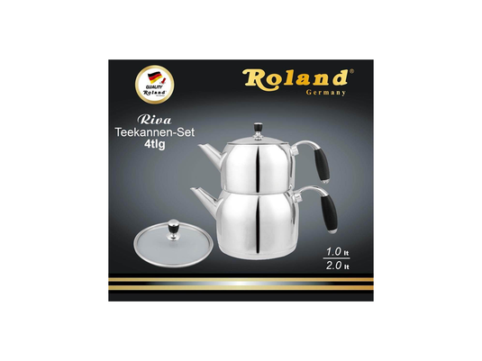 Ein glänzendes Roland Deutschland Riva Edelstahl-Doppel-Teekannen-Set (4-teiliges Teekannen-Set) mit schwarzen Griffen und Glasdeckel.
