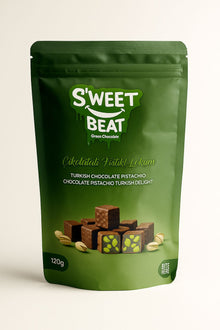 A dark green S'weet Beat pouch (120g) of Turkish Chocolate Pistachio Delight (Lokum), featuring square pieces of chocolate-covered pistachio Turkish delight.
