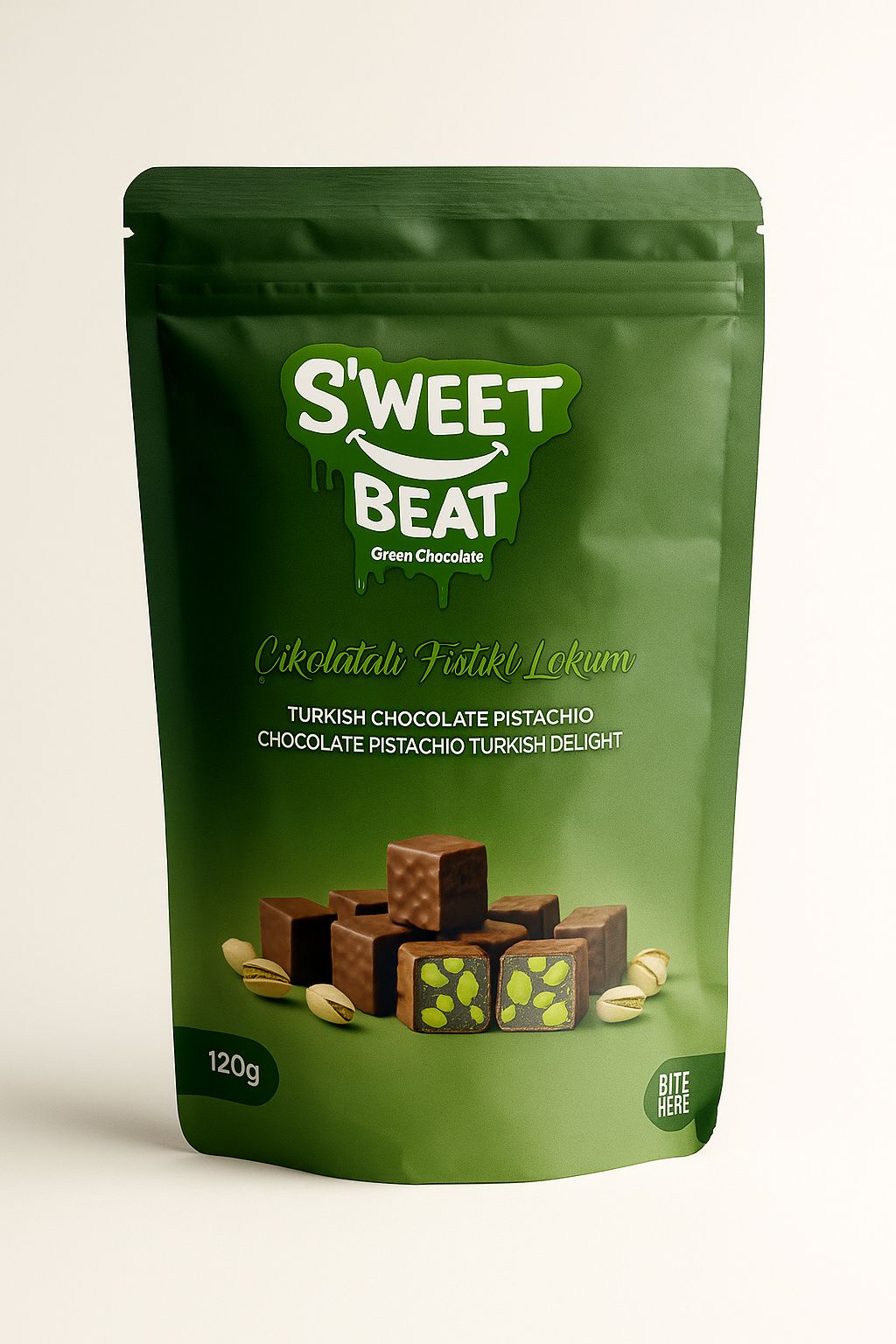 A dark green S'weet Beat pouch (120g) of Turkish Chocolate Pistachio Delight (Lokum), featuring square pieces of chocolate-covered pistachio Turkish delight.