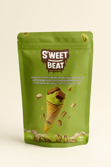 A green S'weet Beat pouch (120g) featuring a graphic of a chocolate and pistachio-filled waffle cone, indicating a Turkish delight or confectionery product.